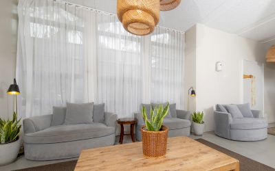 A cozy living room with gray sofas, potted plants, sheer curtains, and a wooden table beneath woven pendant lights.