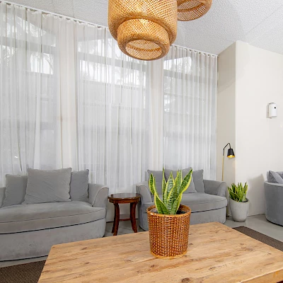 A cozy living room with gray sofas, potted plants, sheer curtains, and a wooden table beneath woven pendant lights.