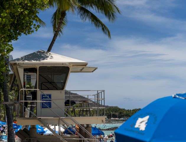 A lifeguard tower overlooks a sunny beach, with palm trees and blue umbrellas in the foreground.