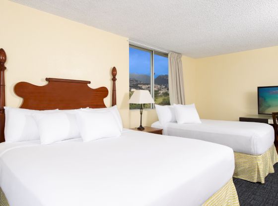 A hotel room with two beds, a window, a TV, and a lamp.