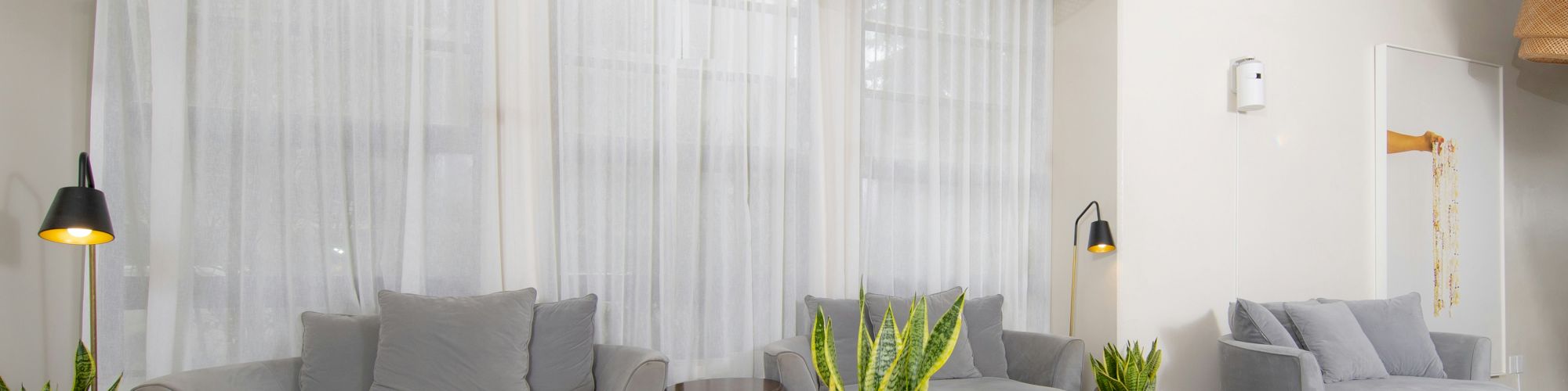 A cozy living room with gray sofas, plants, pendant lights, and sheer curtains, all arranged around a wooden coffee table.