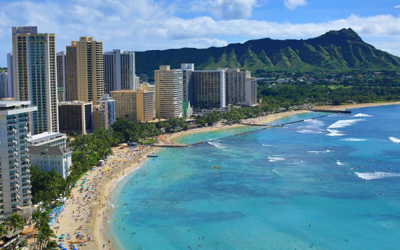 A beach scene with a city skyline and a mountain in the background