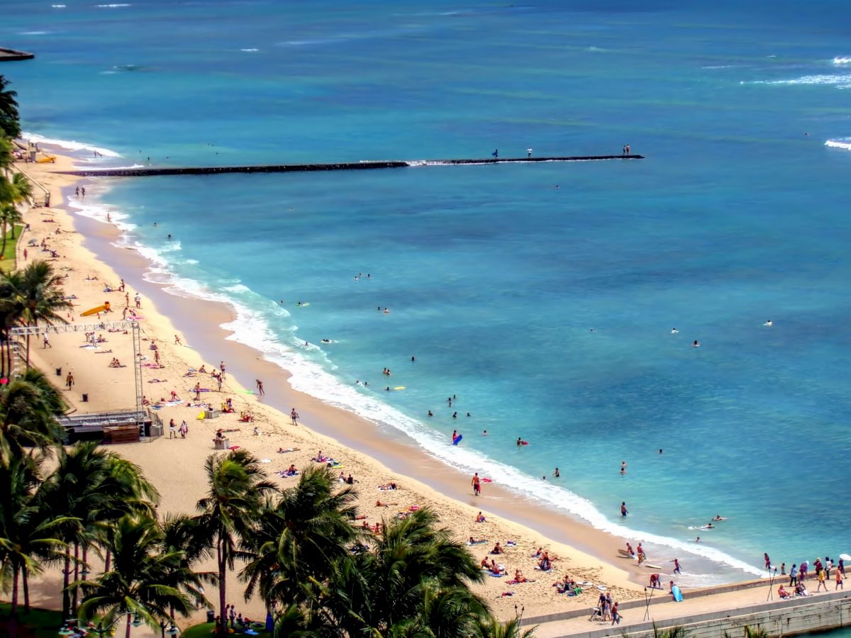 A tropical beach scene with people enjoying the sand and ocean, bordered by palm trees and calm, blue waters.